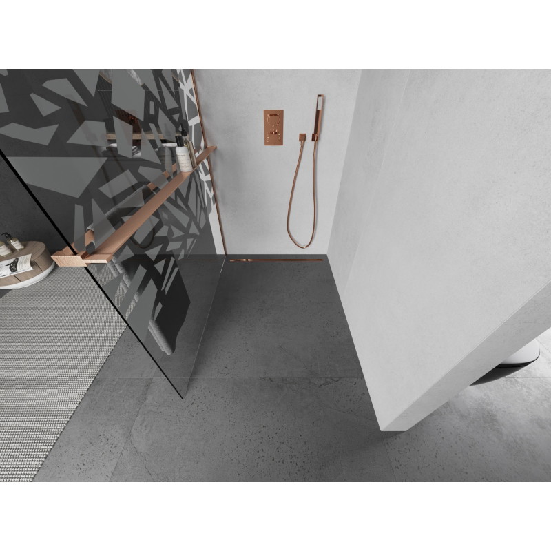 Mexen Kioto+ L ścianka prysznicowa z półką Walk-in 120 x 200 cm, biały wzór, miedź szczotkowana - 800-120-123-65-85