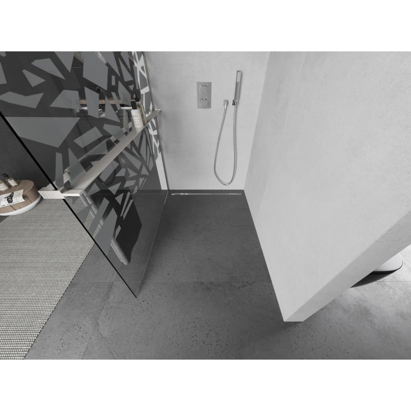 Mexen Kioto+ L ścianka prysznicowa z półką Walk-in 100 x 200 cm, biały wzór, nikiel szczotkowany - 800-100-123-97-85