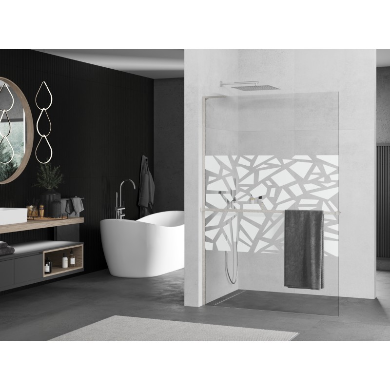 Mexen Kioto+ L ścianka prysznicowa z półką Walk-in 100 x 200 cm, biały wzór, nikiel szczotkowany - 800-100-123-97-85