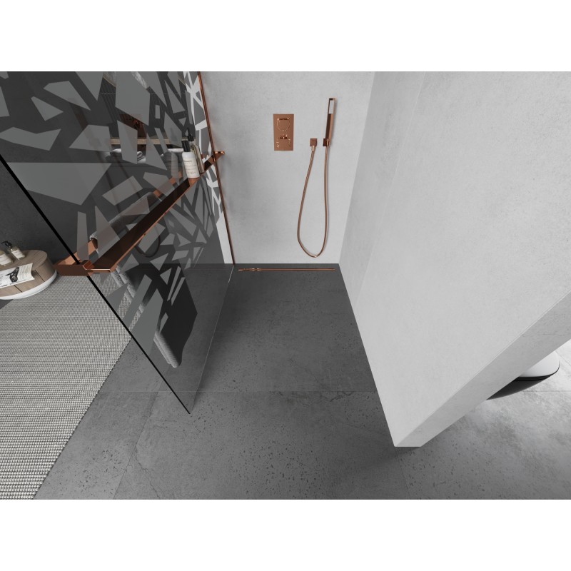 Mexen Kioto+ L ścianka prysznicowa z półką Walk-in 110 x 200 cm, biały wzór, różowe złoto - 800-110-123-60-85