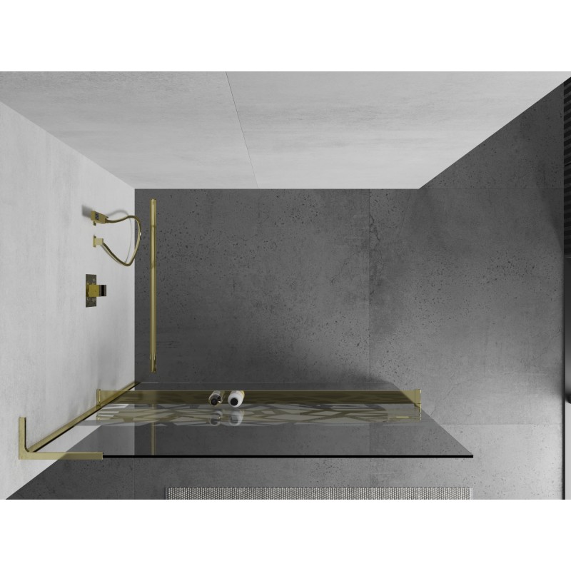 Mexen Kioto+ L ścianka prysznicowa z półką Walk-in 70 x 200 cm, biały wzór, złota - 800-070-123-50-85