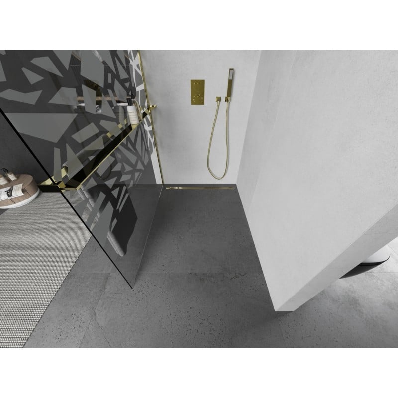 Mexen Kioto+ L ścianka prysznicowa z półką Walk-in 80 x 200 cm, biały wzór, złota - 800-080-123-50-85