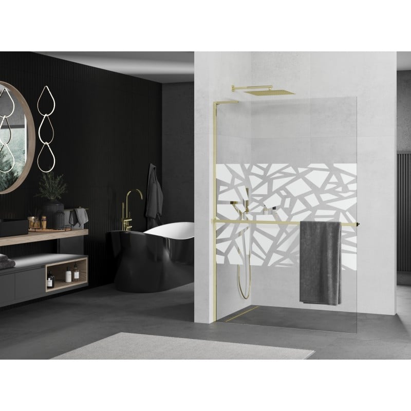 Mexen Kioto+ L ścianka prysznicowa z półką Walk-in 100 x 200 cm, biały wzór, złota - 800-100-123-50-85