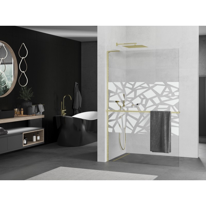 Mexen Kioto+ L ścianka prysznicowa z półką Walk-in 100 x 200 cm, biały wzór, złota szczotkowana - 800-100-123-55-85