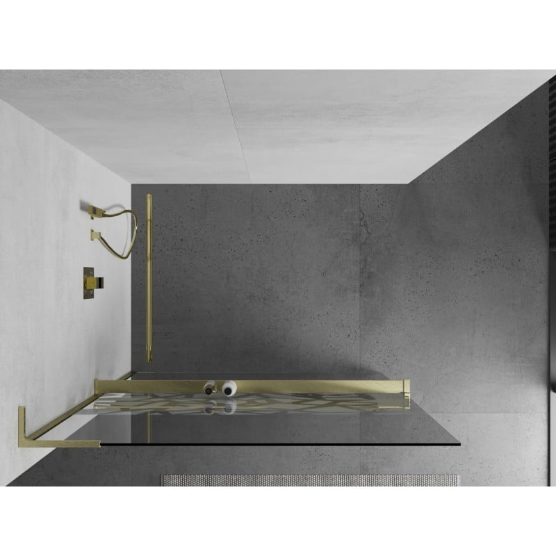 Mexen Kioto+ L ścianka prysznicowa z półką Walk-in 120 x 200 cm, biały wzór, złota szczotkowana - 800-120-123-55-85