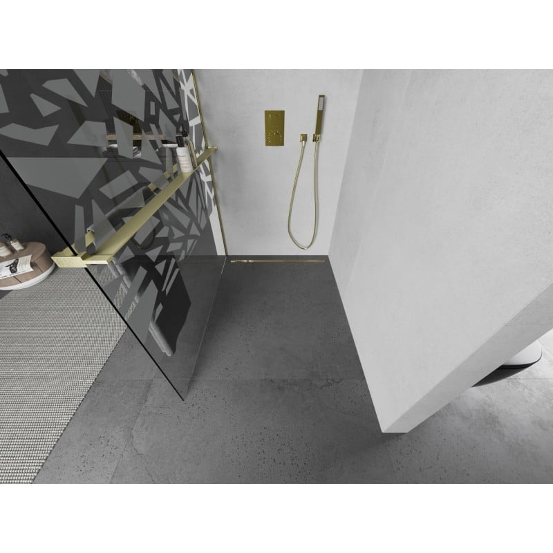 Mexen Kioto+ L ścianka prysznicowa z półką Walk-in 120 x 200 cm, biały wzór, złota szczotkowana - 800-120-123-55-85