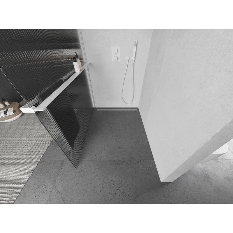 Mexen Kioto+ ścianka prysznicowa z półką Walk-in 130 x 200 cm, prążki, biała - 800-130-121-20-09