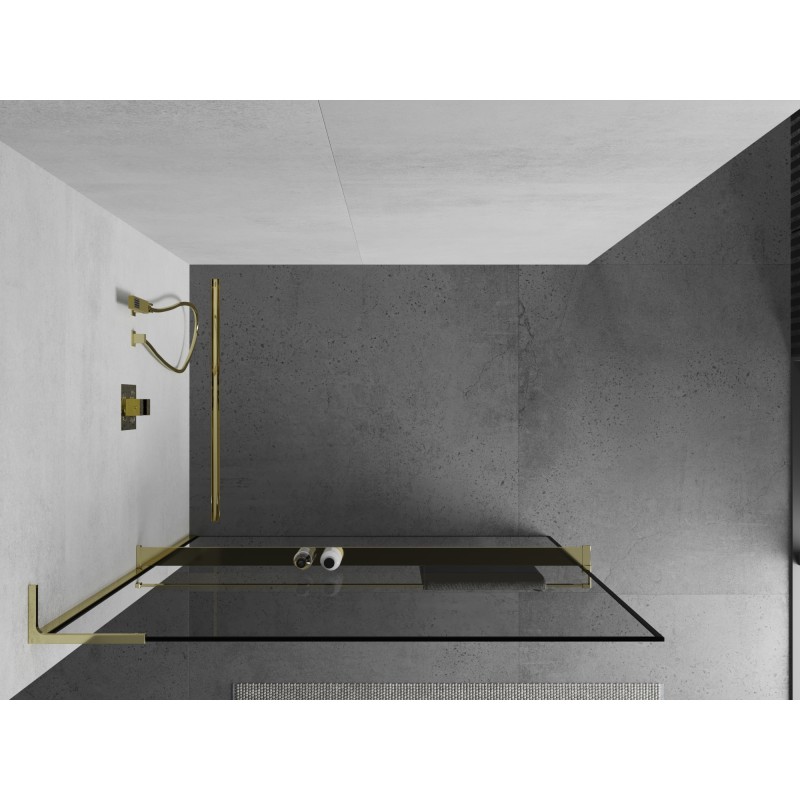 Mexen Kioto+ L ścianka prysznicowa z półką Walk-in 120 x 200 cm, czarna ramka, złota - 800-120-123-50-70