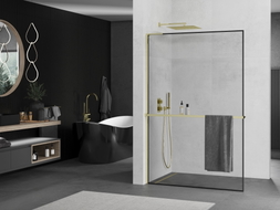 Mexen Kioto+ L ścianka prysznicowa z półką Walk-in 100 x 200 cm, czarna ramka, złota - 800-100-123-50-70