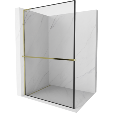 Mexen Kioto+ L ścianka prysznicowa z półką Walk-in 50 x 200 cm, czarna ramka, złota - 800-050-123-50-70