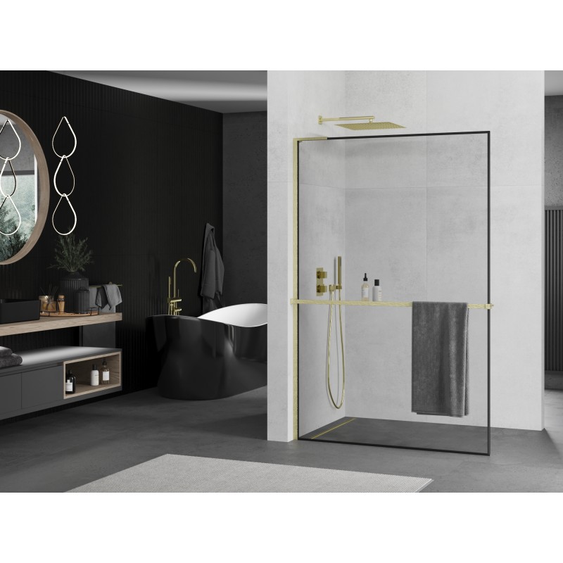 Mexen Kioto+ L ścianka prysznicowa z półką Walk-in 80 x 200 cm, czarna ramka, złota szczotkowana - 800-080-123-55-70