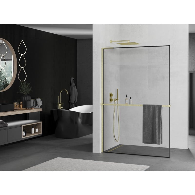 Mexen Kioto+ L ścianka prysznicowa z półką Walk-in 50 x 200 cm, czarna ramka, złota szczotkowana - 800-050-123-55-70