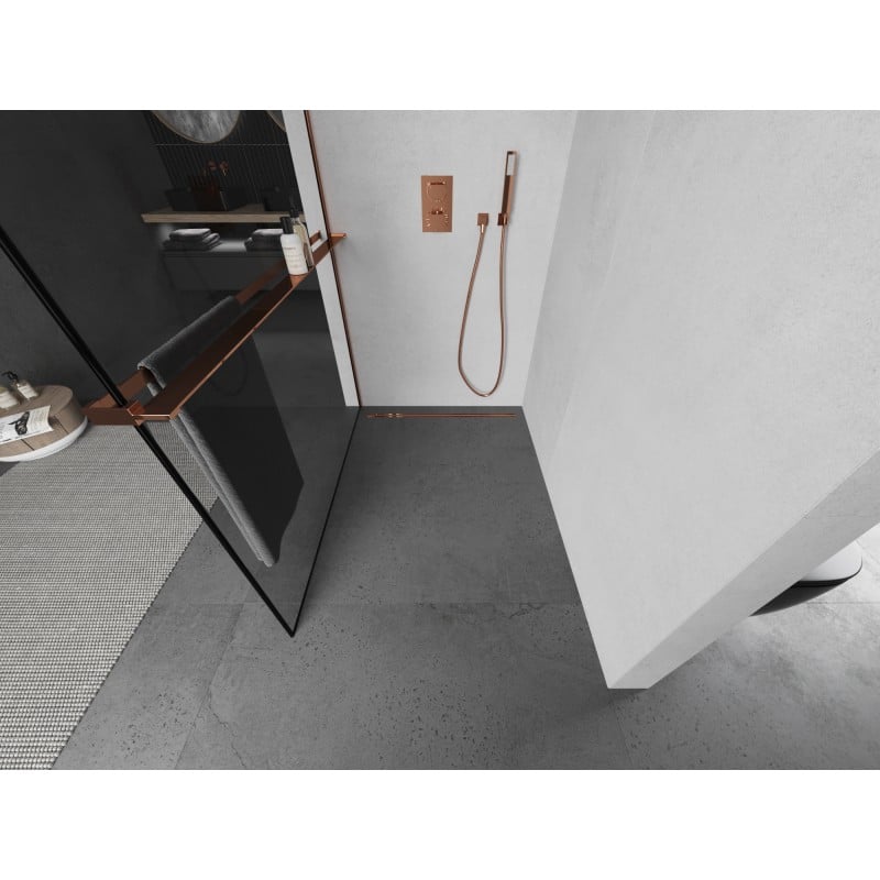 Mexen Kioto+ L ścianka prysznicowa z półką Walk-in 70 x 200 cm, czarna ramka, różowe złoto - 800-070-123-60-70