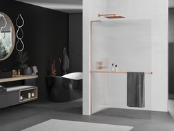 Mexen Kioto+ L ścianka prysznicowa z półką Walk-in 120 x 200 cm, prążki, miedź szczotkowana - 800-120-123-65-09