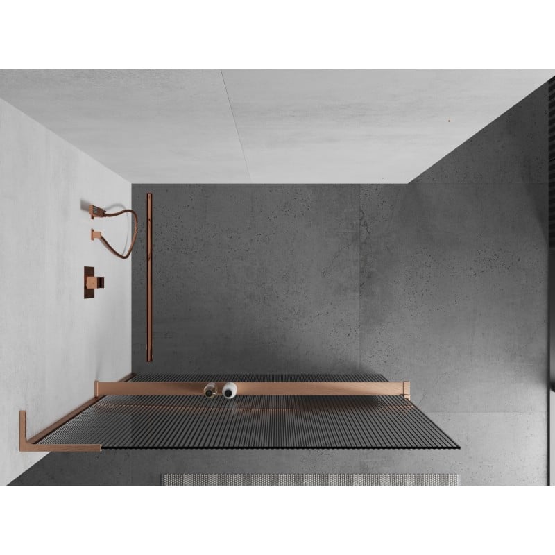 Mexen Kioto+ L ścianka prysznicowa z półką Walk-in 120 x 200 cm, prążki, miedź szczotkowana - 800-120-123-65-09