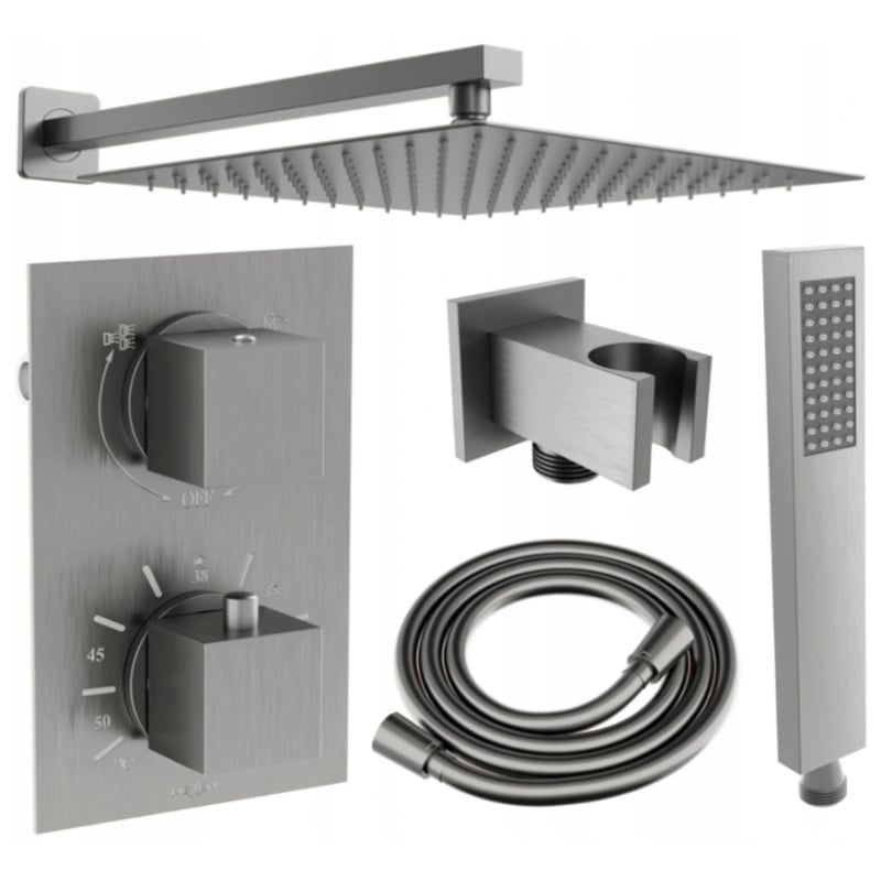 Mexen Cube DR02 zestaw prysznicowy podtynkowy z deszczownica 30 cm, gun gray szczotkowany - 77502DR0230-66
