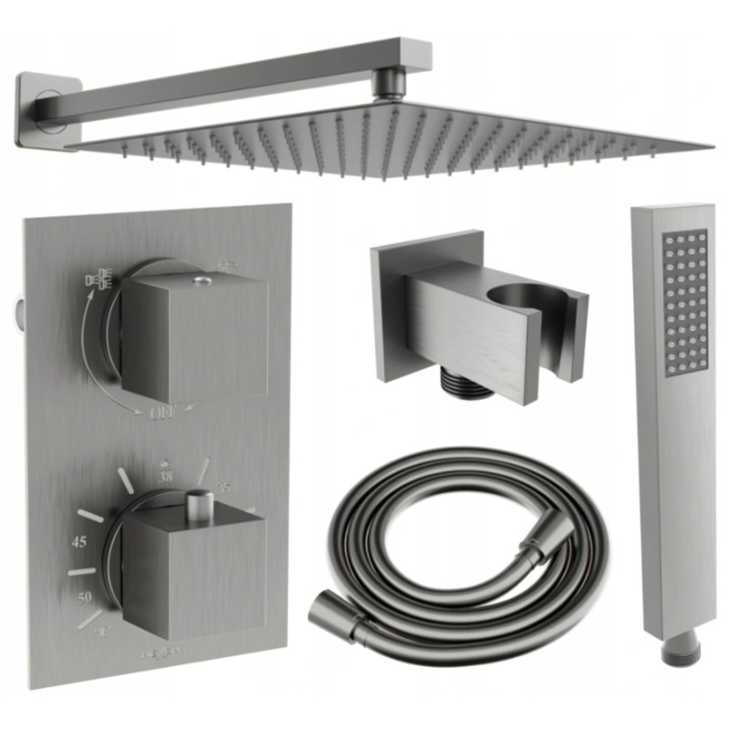 Mexen Cube DR02 zestaw prysznicowy podtynkowy z deszczownica 25 cm, gun gray szczotkowany - 77502DR0225-66