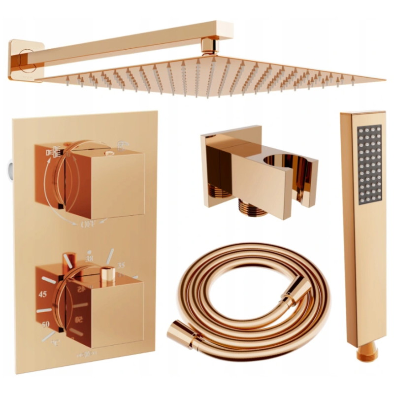 Mexen Cube DR02 zestaw prysznicowy podtynkowy z deszczownica 25 cm, różowe złoto - 77502DR0225-60