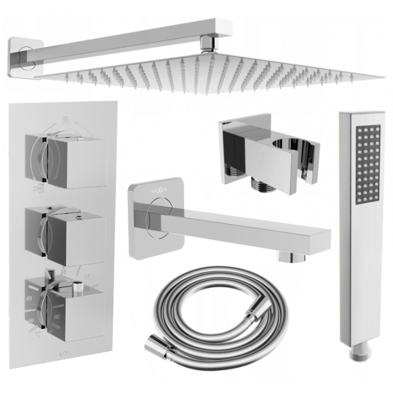 Mexen Cube DR02 zestaw wannowo-prysznicowy podtynkowy z deszczownicą 30 cm, chrom - 77503DR0230-00