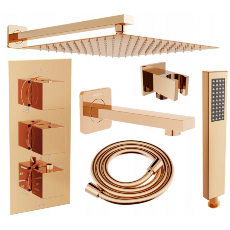 Mexen Cube DR02 zestaw wannowo-prysznicowy podtynkowy z deszczownicą 30 cm, różowe złoto - 77503DR0230-60