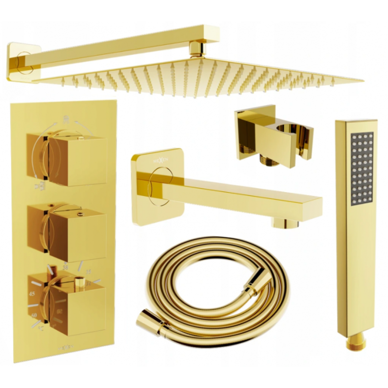 Mexen Cube DR02 zestaw wannowo-prysznicowy podtynkowy z deszczownicą 25 cm, złoty - 77503DR0225-50