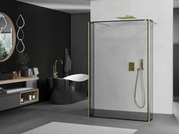 Mexen Kioto ścianka prysznicowa wolnostojąca 140 x 30 x 30 cm, czarna ramka, złota szczotkowana - 800-140-030-222-55-70-030