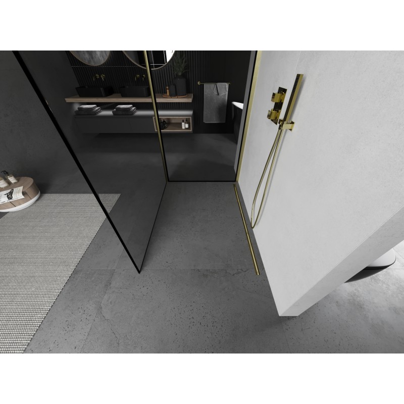 Mexen Kioto ścianka prysznicowa Walk-in 90 x 90 cm, czarna ramka, złota szczotkowana - 800-090-212-55-70-090