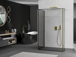 Mexen Kioto ścianka prysznicowa Walk-in 90 x 70 x 40 cm, czarna ramka, złota - 800-090-070-221-50-70-040