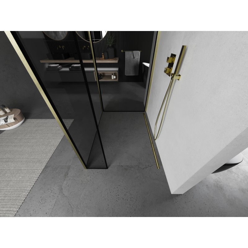 Mexen Kioto ścianka prysznicowa Walk-in 140 x 70 x 40 cm, czarna ramka, złota szczotkowana - 800-140-070-221-55-70-040