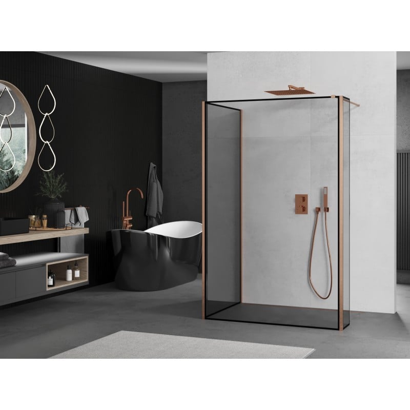 Mexen Kioto ścianka prysznicowa Walk-in 130 x 100 x 40 cm, czarna ramka, miedź szczotkowana - 800-130-100-221-65-70-040