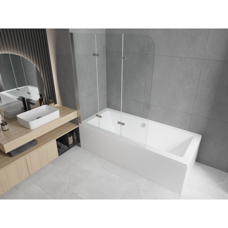 Mexen Cube wanna prostokątna 180 x 80 cm z obudową i parawanem 3-skrzydłowym 120 cm, transparent, chrom - 550518080X9012030100