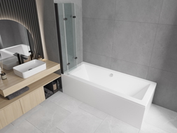 Mexen Cube wanna prostokątna 180 x 80 cm z obudową i parawanem 3-skrzydłowym 120 cm, transparent, czarny - 550518080X9012037000