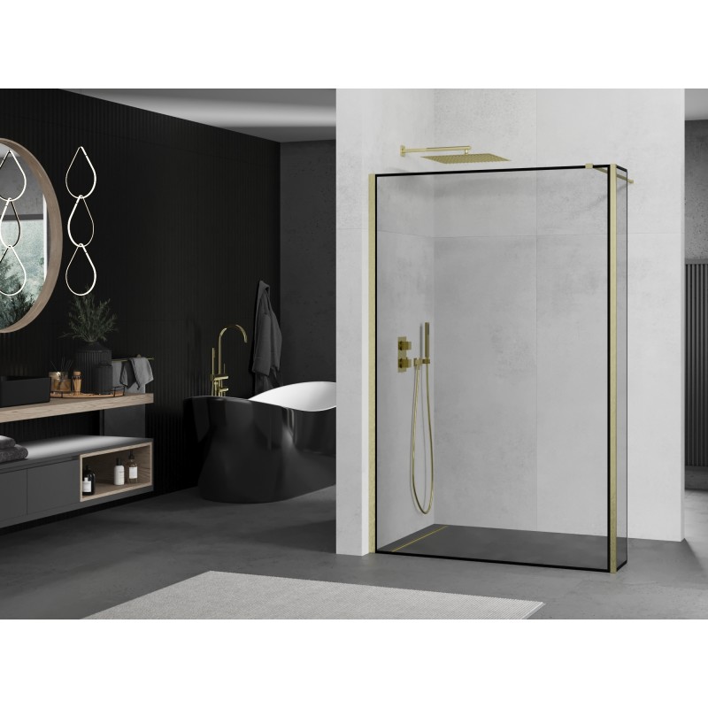 Mexen Kioto ścianka prysznicowa Walk-in 130 x 30 cm, czarna ramka, złota szczotkowana - 800-130-212-55-70-030