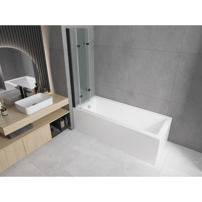 Mexen Cubik wanna prostokątna 150 x 70 cm z obudową i parawanem 3-skrzydłowym 120 cm, transparent, czarny - 550315070X9012037000