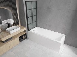 Mexen Cubik wanna prostokątna 150 x 70 cm z obudową i parawanem 1-skrzydłowym 70 cm, czarny wzór - 550315070X9307017077