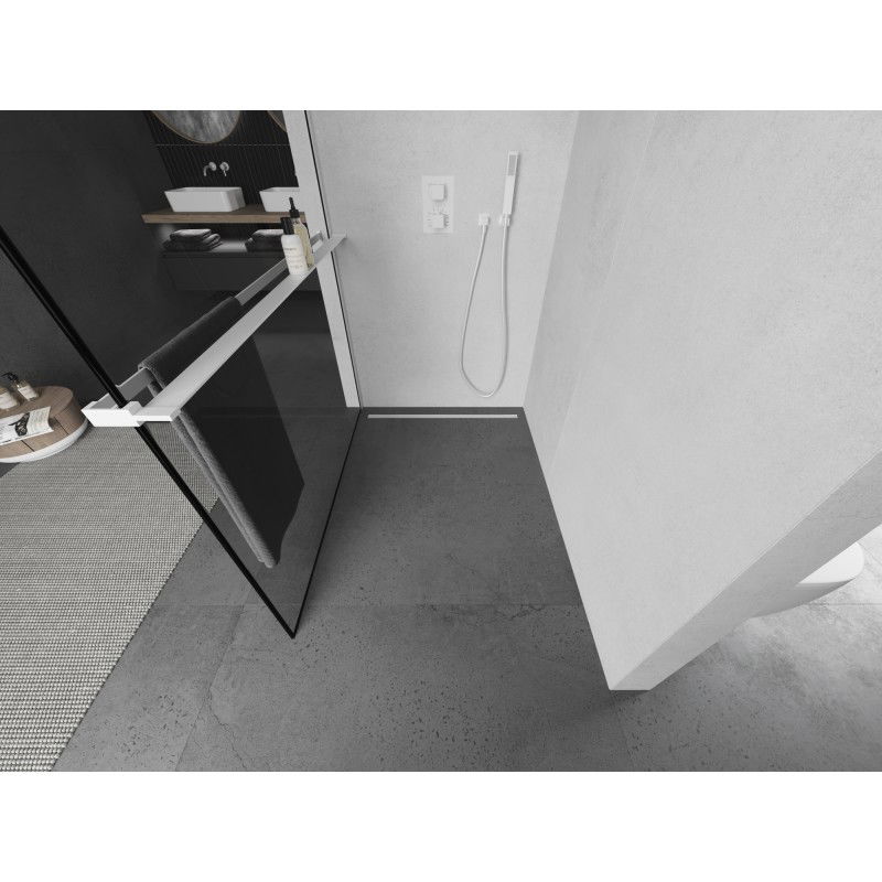 Mexen Kioto+ ścianka prysznicowa z półką Walk-in 120 x 200 cm, czarna ramka, biała - 800-120-121-20-70