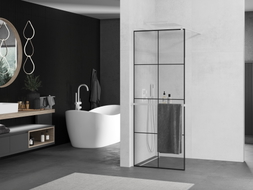 Mexen Kioto+ ścianka prysznicowa z półką Walk-in 80 x 200 cm, czarna kratka, biała - 800-080-121-20-77