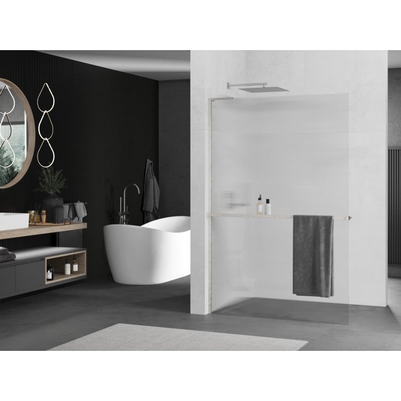 Mexen Kioto+ L ścianka prysznicowa z półką Walk-in 90 x 200 cm, prążki, nikiel szczotkowany - 800-090-123-97-09