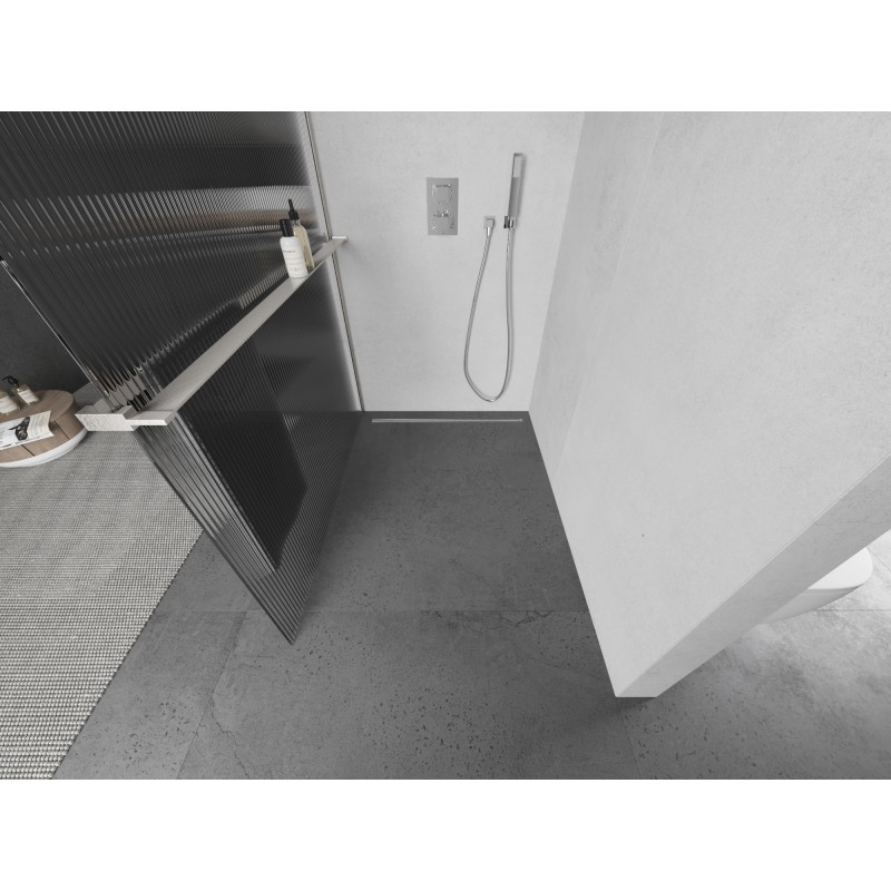 Mexen Kioto+ L ścianka prysznicowa z półką Walk-in 100 x 200 cm, prążki, nikiel szczotkowany - 800-100-123-97-09