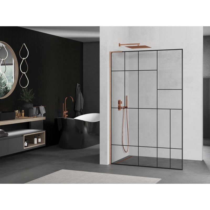 Mexen Kioto L ścianka prysznicowa Walk-in 110 x 200 cm, czarny wzór, miedź szczotkowana - 800-110-103-65-78