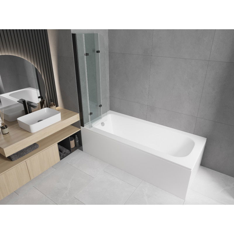 Mexen Vega wanna prostokątna 150 x 70 cm z obudową i parawanem 3-skrzydłowym 120 cm, transparent, czarny - 550115070X9012037000