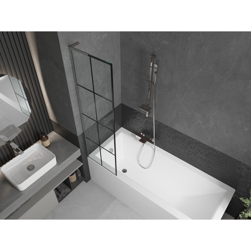 Mexen Next L parawan nawannowy 1-skrzydłowy 50 x 150 cm, czarna kratka, chrom - 895-050-000-03-77-01