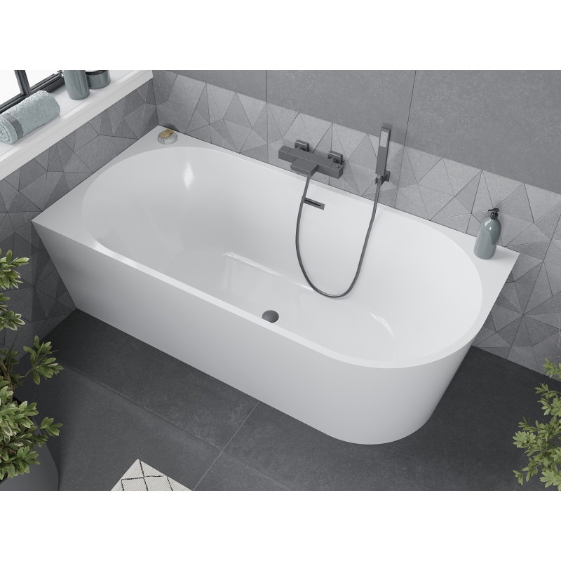 Mexen Mia wanna wolnostojąca narożna lewa 150 x 75 cm, biała, przelew gun metal - 52691507500L-95