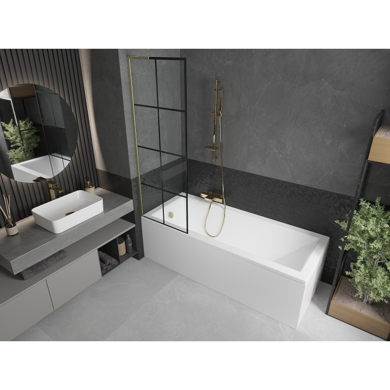 Mexen Next L parawan nawannowy 1-skrzydłowy 60 x 150 cm, czarna kratka, złoty szczotkowany - 895-060-000-03-77-55
