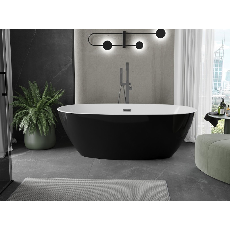 Mexen Eris wanna wolnostojąca 155 x 80 cm, biała/czarna, przelew gun metal - 53441558075-95