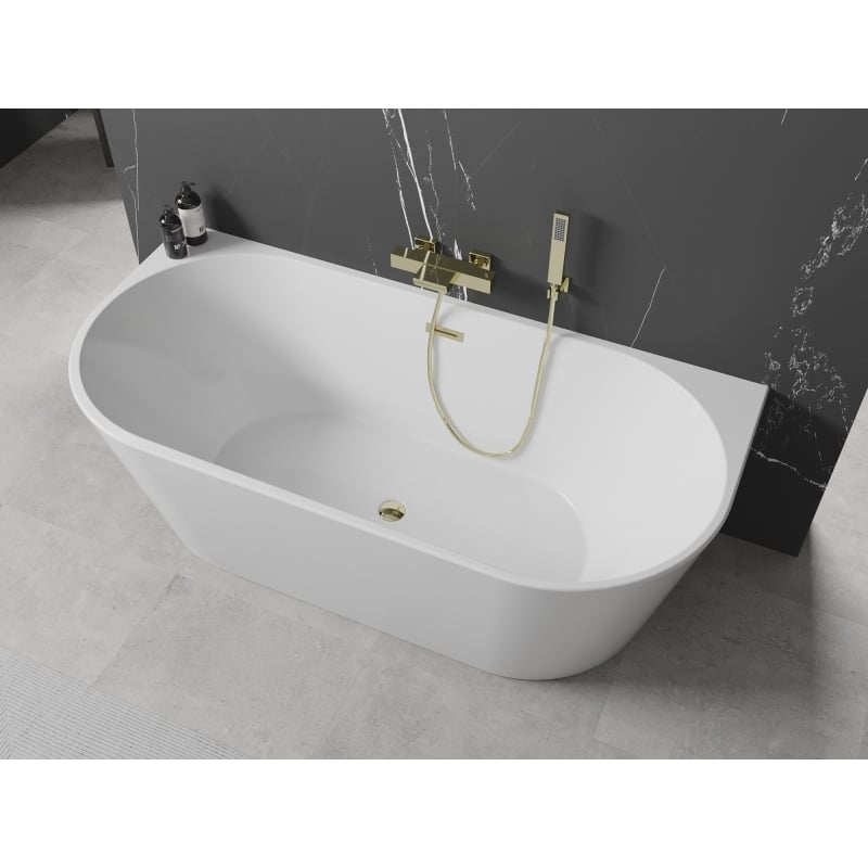 Mexen Oval wanna wolnostojąca przyścienna 140 x 75 cm, biała, przelew złoty - 52671407500-50