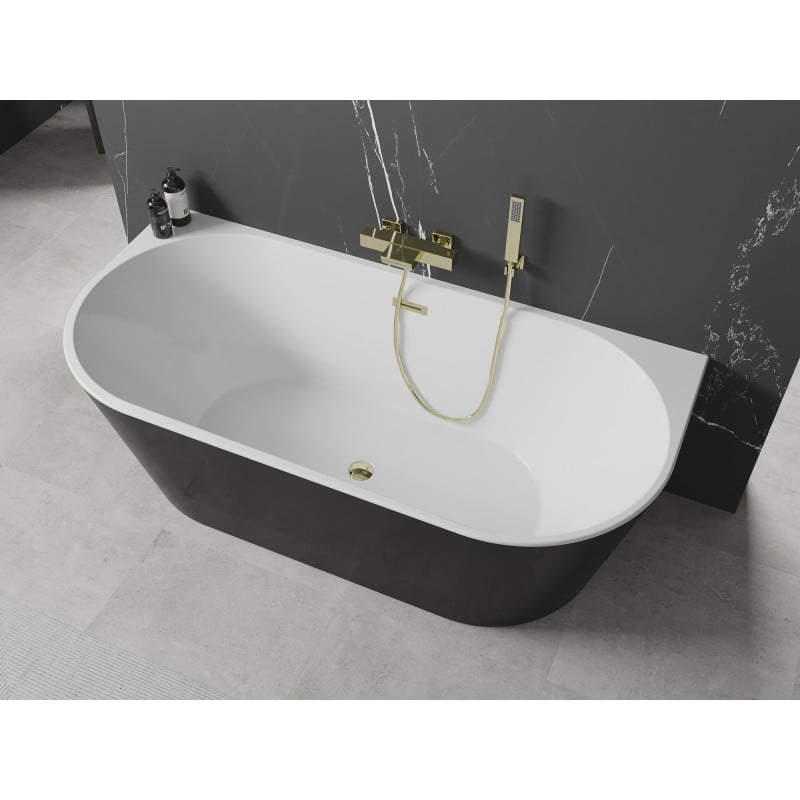 Mexen Oval wanna wolnostojąca przyścienna 140 x 75 cm, biała/czarna, przelew złoty - 52671407575-50