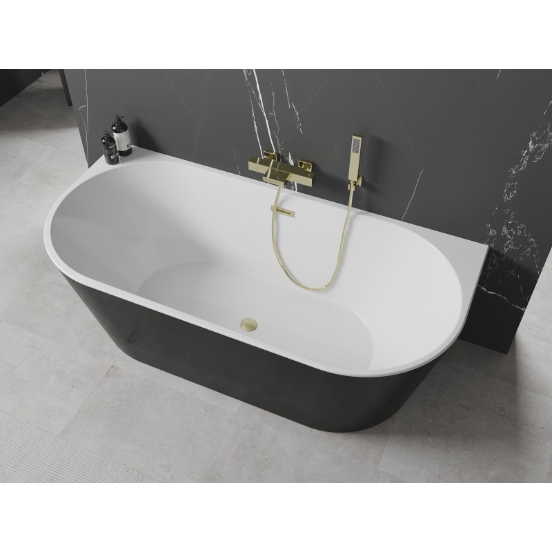 Mexen Oval wanna wolnostojąca przyścienna 160 x 80 cm, biała/czarna, przelew złoty szczotkowany - 52671608075-55