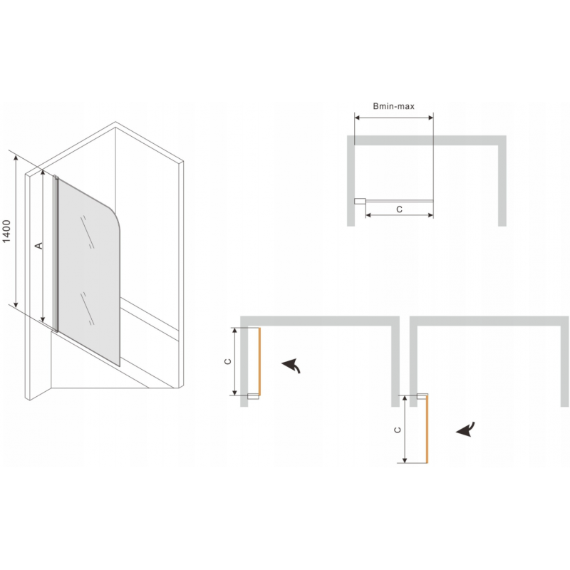 Mexen Vega wanna prostokątna 180 x 80 cm z obudową i parawanem 1-skrzydłowym 70 cm, transparent, czarny - 550118080X9007017000