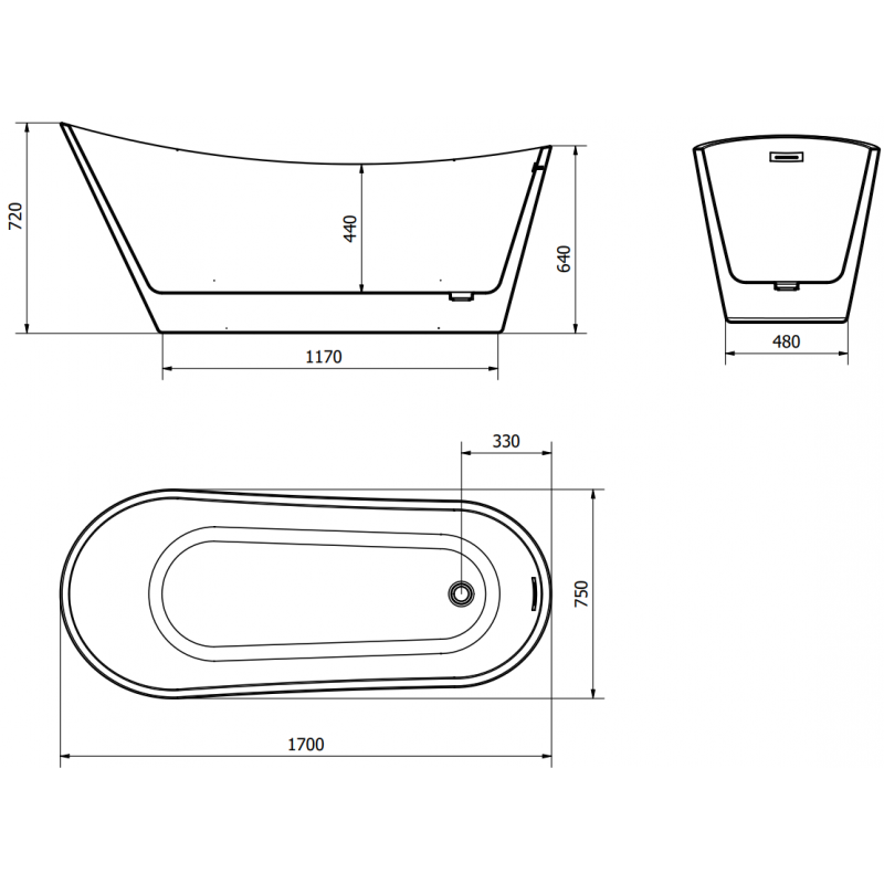 Mexen Alta wanna wolnostojąca 170 x 75 cm, biała, przelew chrom - 52141707500-01